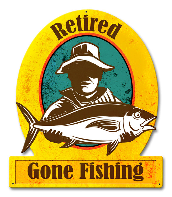 Gone Fishing Retired Vintage Sign, Barn and Country, Metal Sign, Wall Art, 13 X 15 Inches
