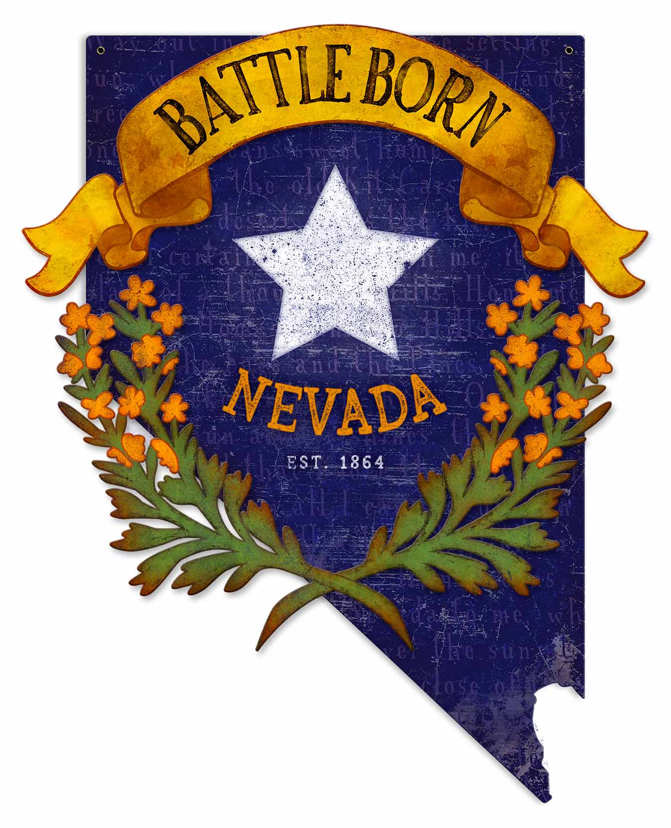3-D Battle Born Nevada State Cutout Vintage Sign, Travel, Metal Sign, Wall Art, 18 X 22 Inches