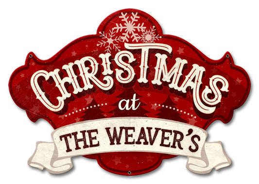 Christmas at The Family Name Personalized, Seasonal, Metal Sign, Wall Art, 12 X 18 Inches