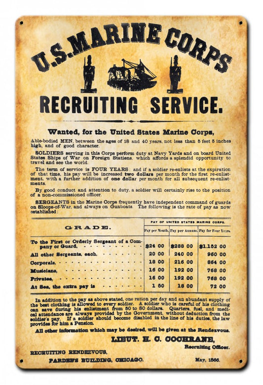 US Marine Corps Recruiting, Military, Metal Sign, Wall Art, 12 X 18 Inches