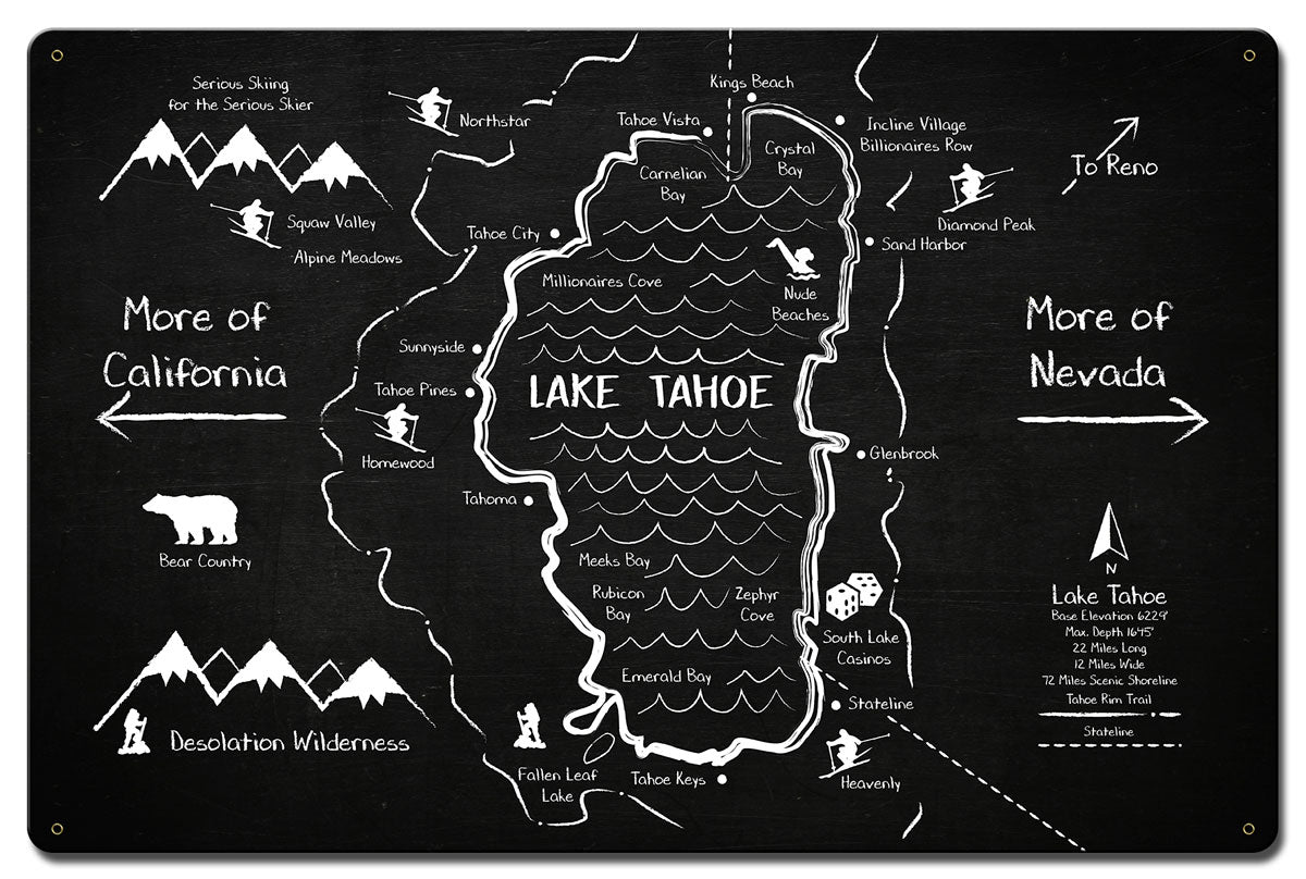 Lake Tahoe Chalk Drawing, Travel, Metal Sign, Wall Art, 24 X 16 Inches