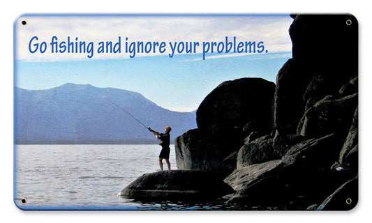 Go Fishing, Barn and Country, Metal Sign, Wall Art, 14 X 8 Inches