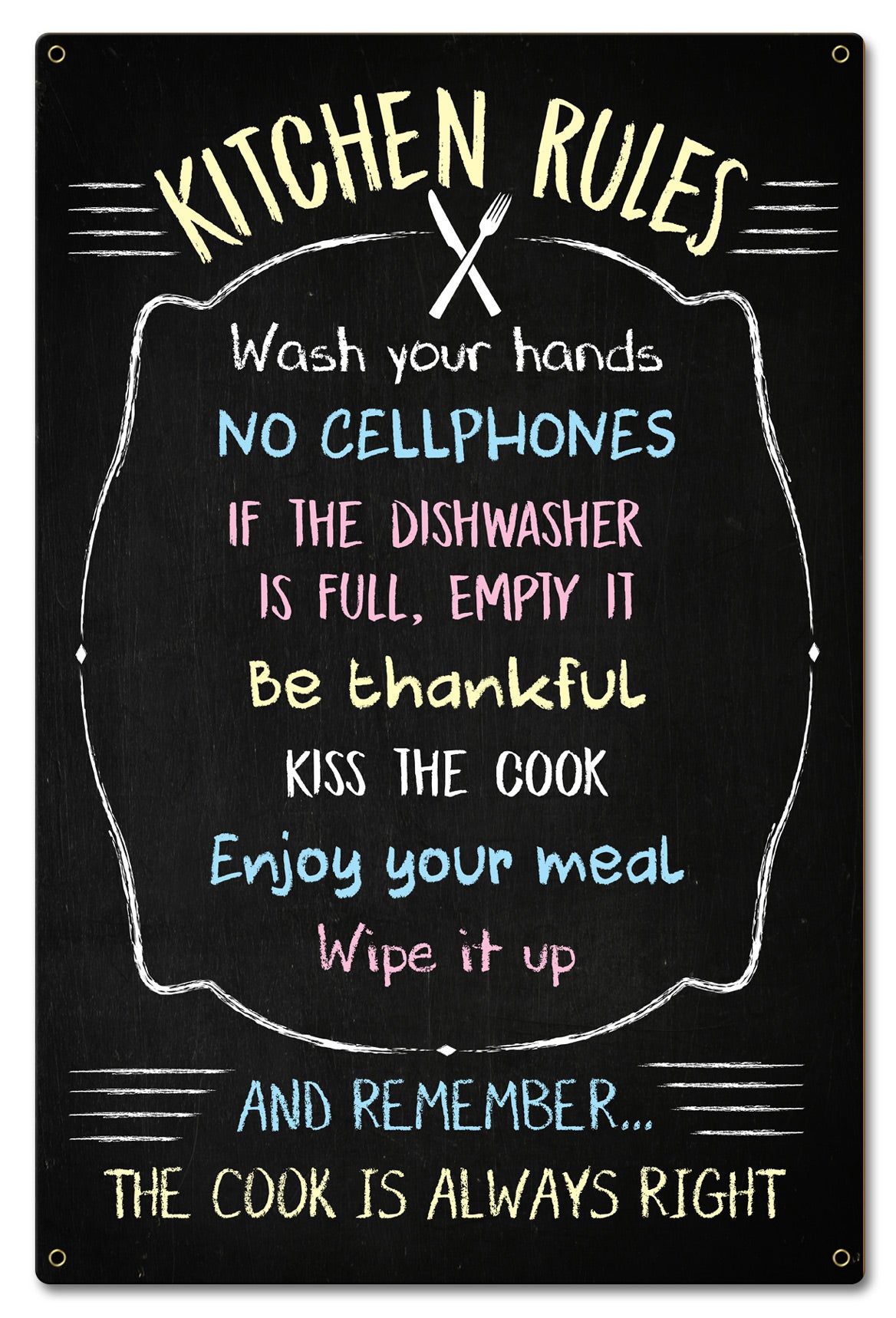 Kitchen Rules Chalk Drawing Vintage Sign, Home & Garden, Metal Sign, Wall Art, 16 X 24 Inches
