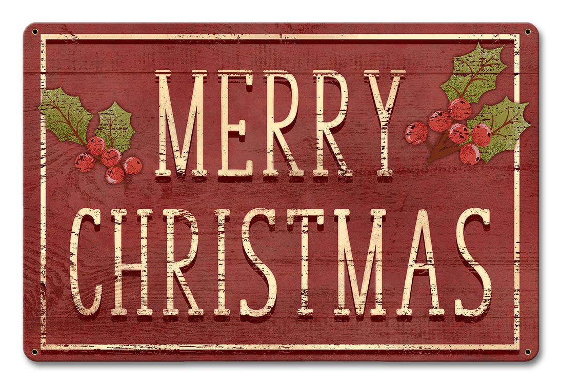 MERRY CHRISTMAS HOLLY, Seasonal, Metal Sign, Wall Art, 18 X 12 Inches