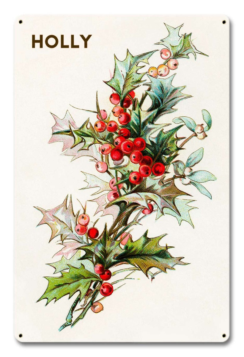 Holly Branch, Seasonal, Metal Sign, Wall Art, 12 X 18 Inches