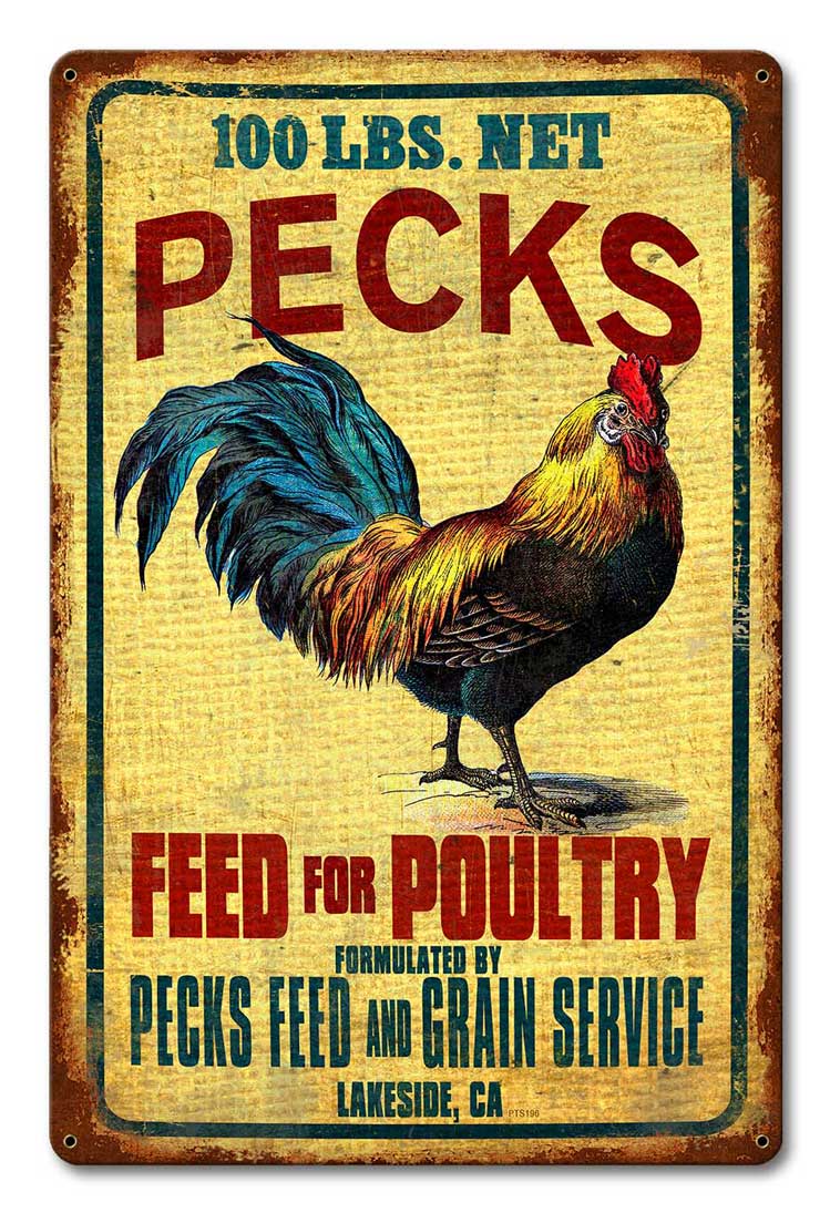 Rooster Feeds And Seeds, Oil & Petro, Metal Sign, Wall Art, 12 X 18 Inches