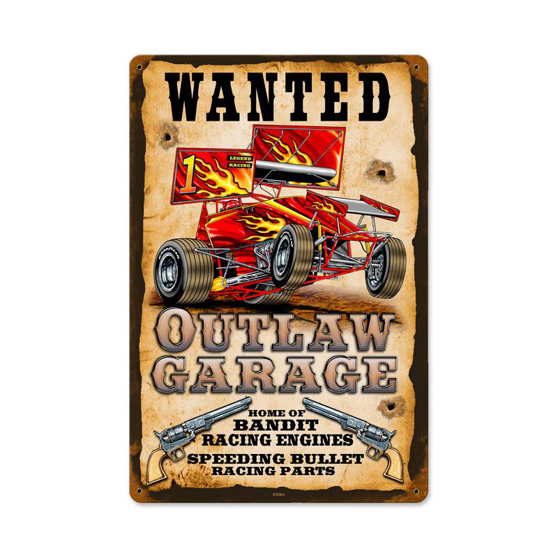 Wanted Outlaw Garage Vintage Sign, Other, Metal Sign, Wall Art, 12 X 18 Inches