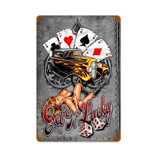 Gettin Lucky Vintage Sign, Other, Metal Sign, Wall Art, 12 X 18 Inches