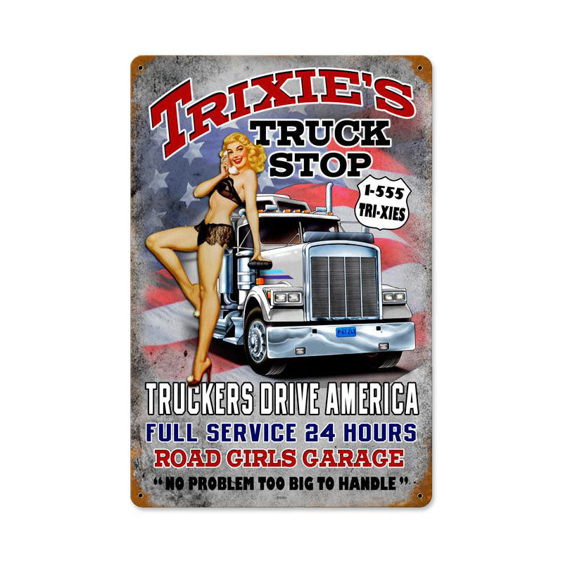 Trixies Truck Stop Vintage Sign, Automotive, Metal Sign, Wall Art, 12 X 18 Inches
