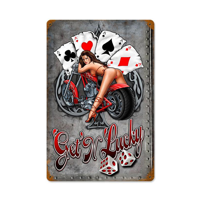 Gettin Lucky Bike Vintage Sign, Other, Metal Sign, Wall Art, 12 X 18 Inches