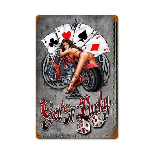 Gettin Lucky Bike Vintage Sign, Other, Metal Sign, Wall Art, 12 X 18 Inches