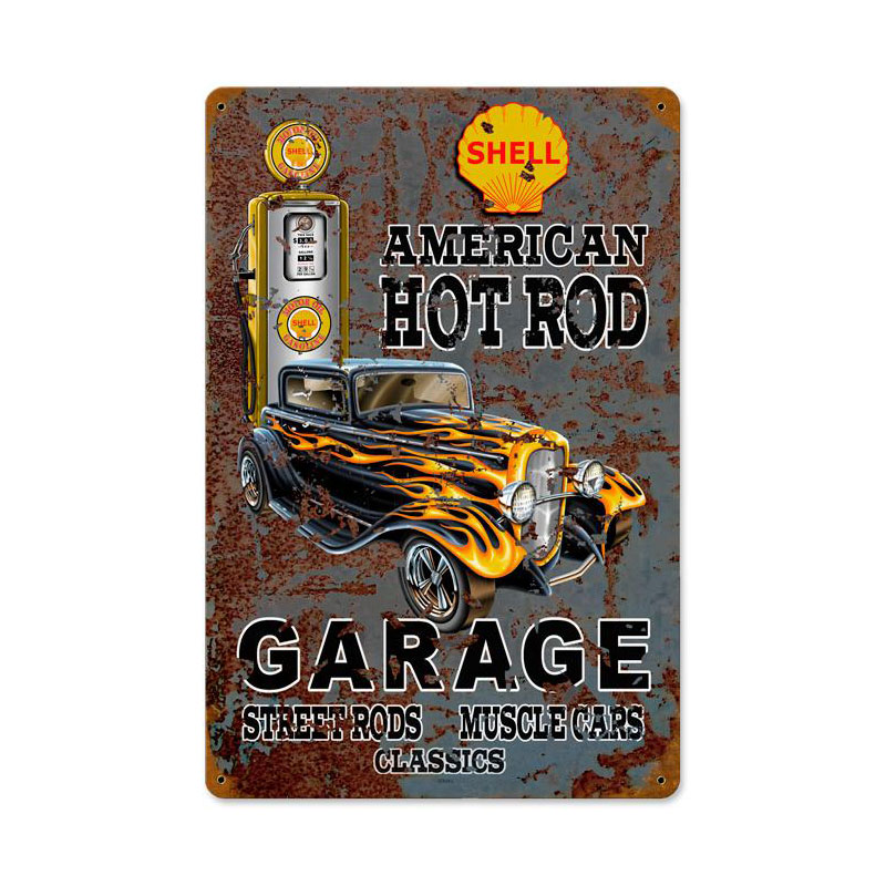 Hot Rod Shell Gas Vintage Sign, Other, Metal Sign, Wall Art, 12 X 18 Inches