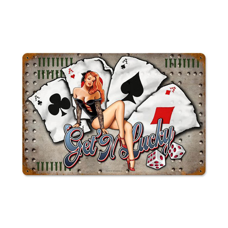 Get N Lucky Vintage Sign, Other, Metal Sign, Wall Art, 12 X 18 Inches