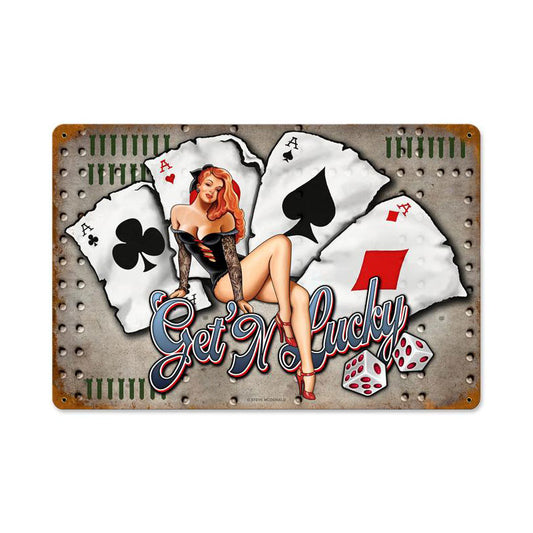 Get N Lucky Vintage Sign, Other, Metal Sign, Wall Art, 12 X 18 Inches