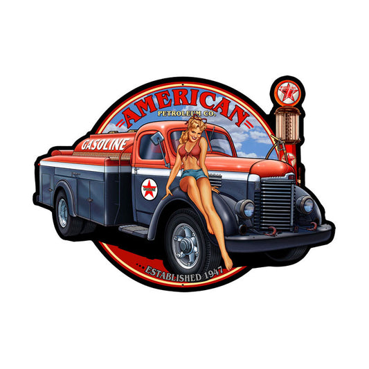 American Petroleum Girl Vintage Sign, Pinup Girls, Metal Sign, Wall Art, 19 X 14 Inches