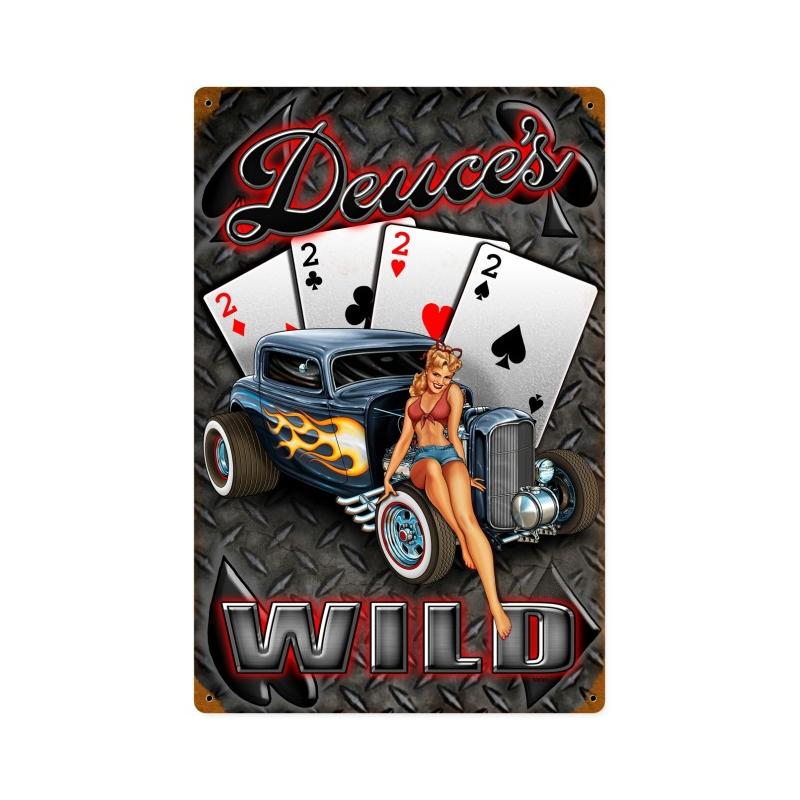 Deuces Wild Hot Rod Sign Vintage Sign, Other, Metal Sign, Wall Art, 12 X 18 Inches