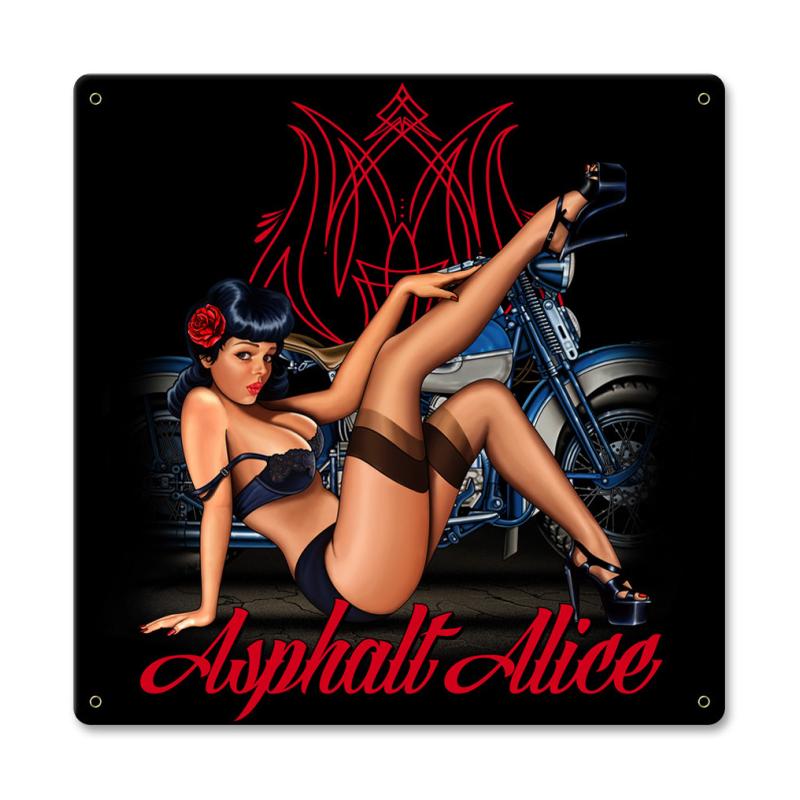 Asphalt Alice 5 Vintage Sign, Pinup Girls, Metal Sign, Wall Art, 18 X 18 Inches