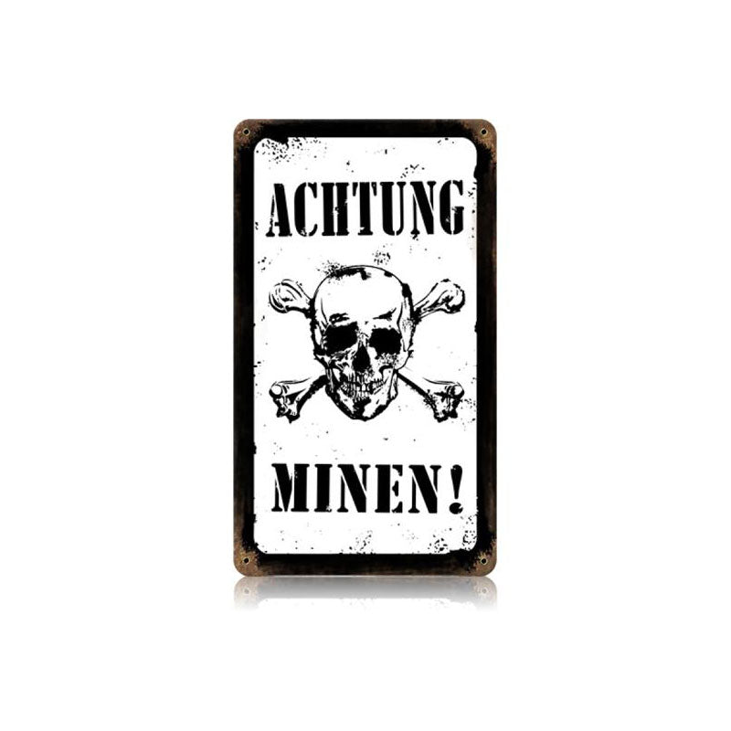 Achtung Minen! Vintage Sign, Military, Metal Sign, Wall Art, 8 X 14 Inches