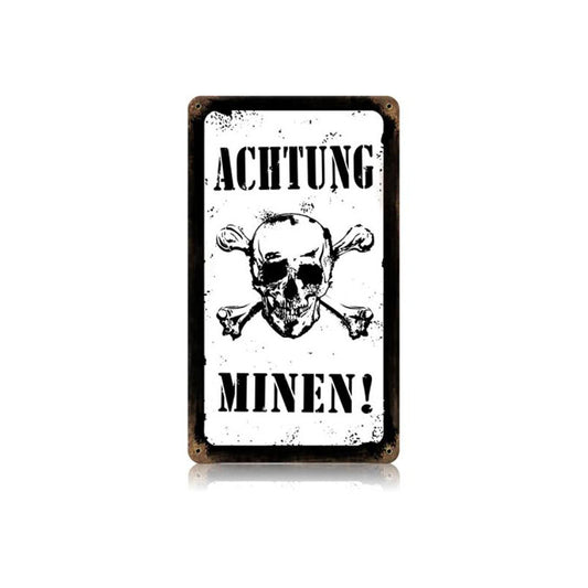 Achtung Minen! Vintage Sign, Military, Metal Sign, Wall Art, 8 X 14 Inches
