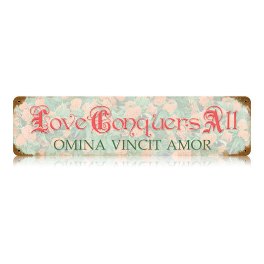 Love Conquers All Vintage Sign, Oil & Petro, Metal Sign, Wall Art, 20 X 5 Inches