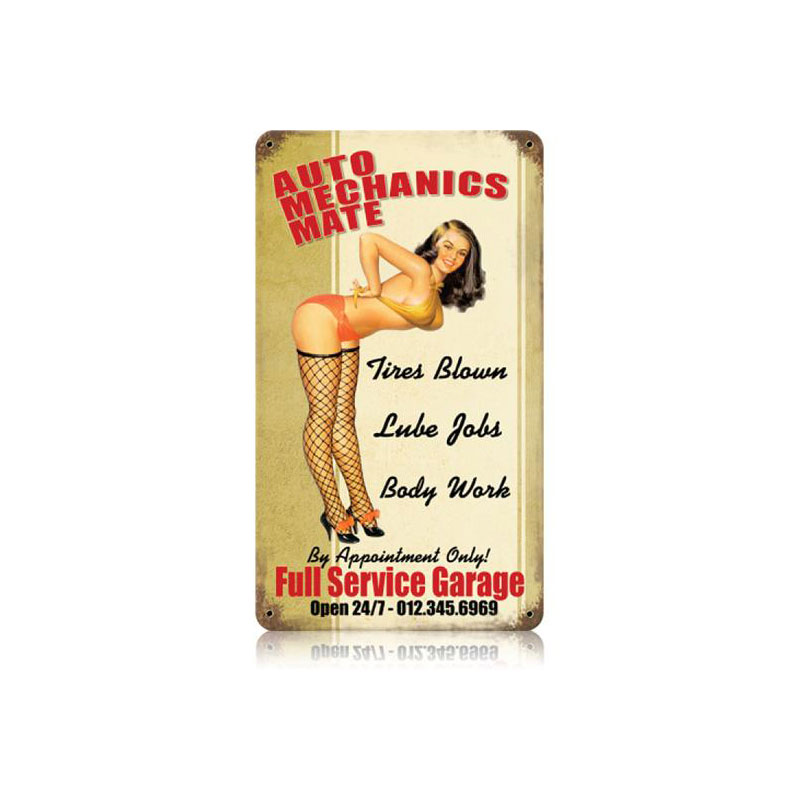 Auto Mechs Mate Vintage Sign, Pinup Girls, Metal Sign, Wall Art, 8 X 14 Inches