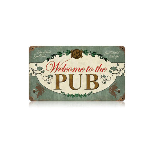 Welcome Pub Vintage Sign, Man Cave, Metal Sign, Wall Art, 14 X 8 Inches