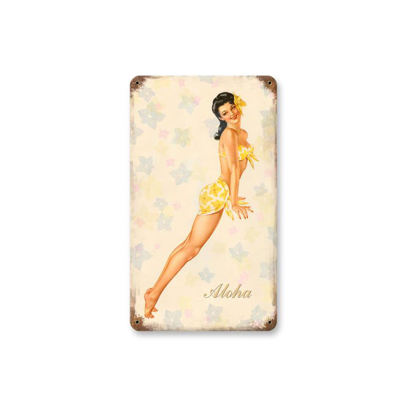 Aloha Vintage Sign, Pinup Girls, Metal Sign, Wall Art, 8 X 14 Inches