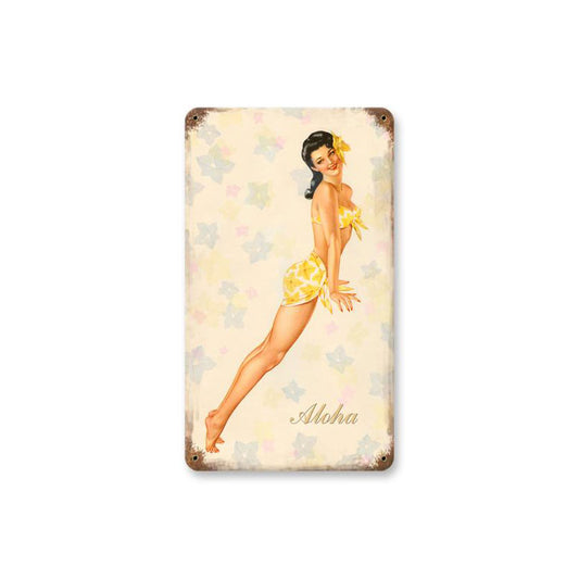 Aloha Vintage Sign, Pinup Girls, Metal Sign, Wall Art, 8 X 14 Inches