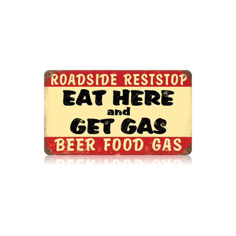 Eat Here Get Gas Vintage Sign, Oil & Petro, Metal Sign, Wall Art, 14 X 8 Inches