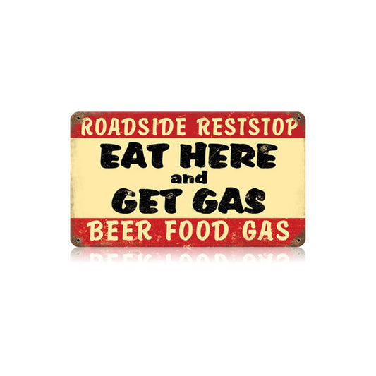 Eat Here Get Gas Vintage Sign, Oil & Petro, Metal Sign, Wall Art, 14 X 8 Inches