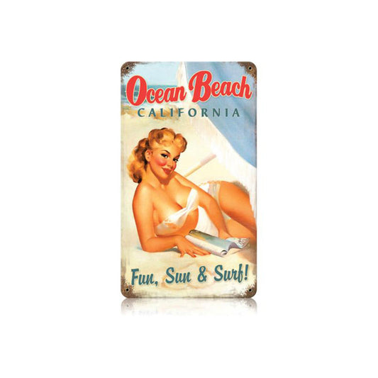 Ocean Beach Vintage Sign, Pinup Girls, Metal Sign, Wall Art, 8 X 14 Inches