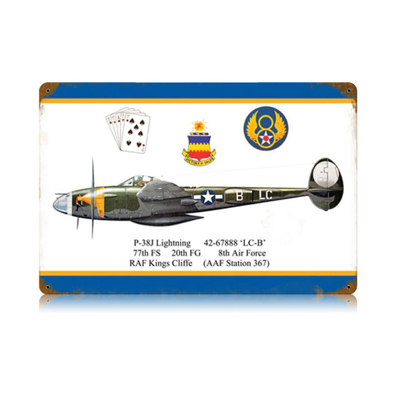 P-38 Dugald Camero Vintage Sign, Aviation, Metal Sign, Wall Art, 18 X 12 Inches