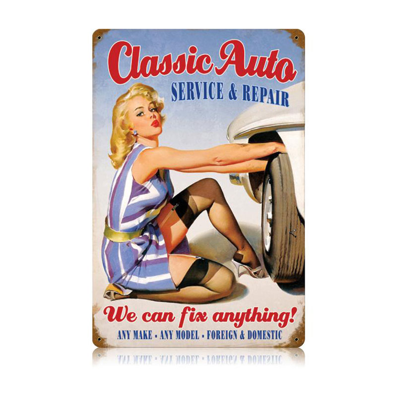 Classic Auto Vintage Sign, Pinup Girls, Metal Sign, Wall Art, 12 X 18 Inches