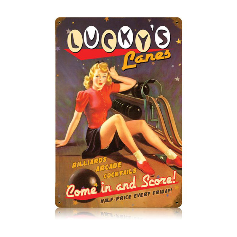 Lucky Lanes Vintage Sign, Pinup Girls, Metal Sign, Wall Art, 12 X 18 Inches
