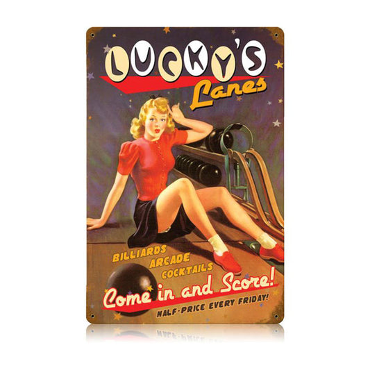 Lucky Lanes Vintage Sign, Pinup Girls, Metal Sign, Wall Art, 12 X 18 Inches
