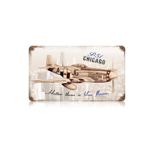 P-51 Chicago Vintage Sign, Aviation, Metal Sign, Wall Art, 14 X 8 Inches