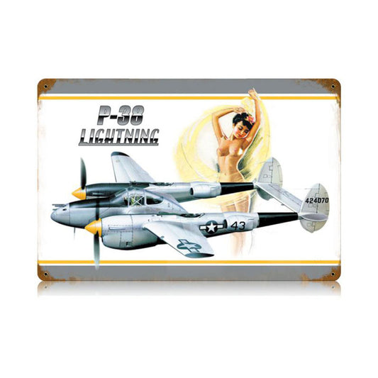 P-38 Nude Vintage Sign, Aviation, Metal Sign, Wall Art, 18 X 12 Inches