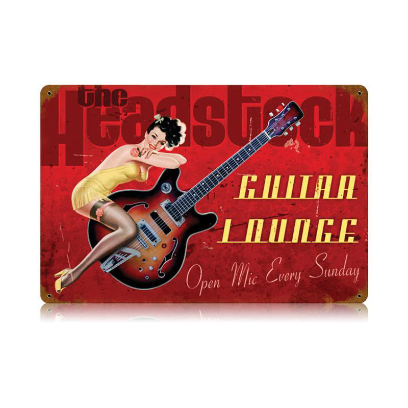 Guitar Lounge Vintage Sign, Pinup Girls, Metal Sign, Wall Art, 18 X 12 Inches