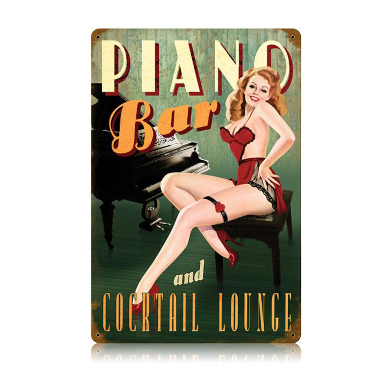 Piano Bar Vintage Sign, Pinup Girls, Metal Sign, Wall Art, 12 X 18 Inches