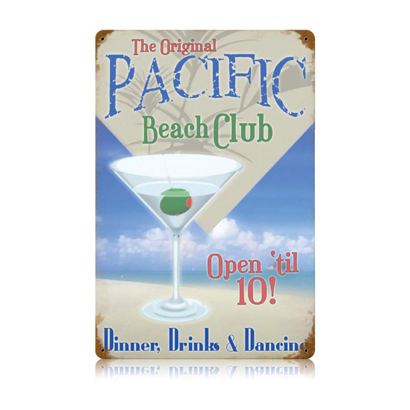 Pacific Beach Club Vintage Sign, Humor, Metal Sign, Wall Art, 12 X 18 Inches