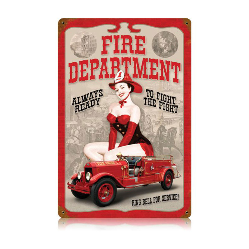 Fire Dept. Pin Up Vintage Sign, Pinup Girls, Metal Sign, Wall Art, 12 X 18 Inches