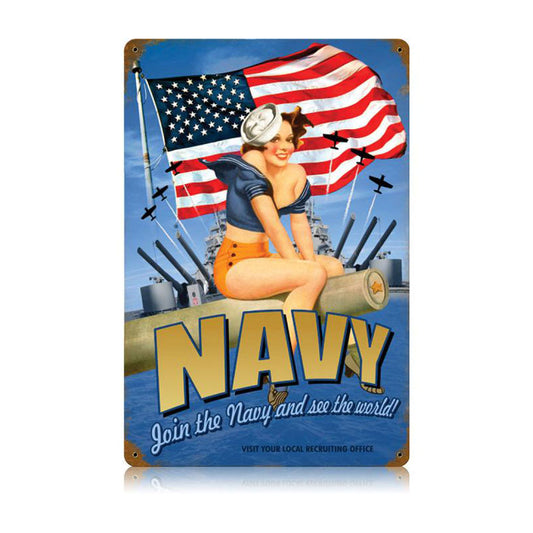 Navy Pin Up Vintage Sign, Military, Metal Sign, Wall Art, 12 X 18 Inches