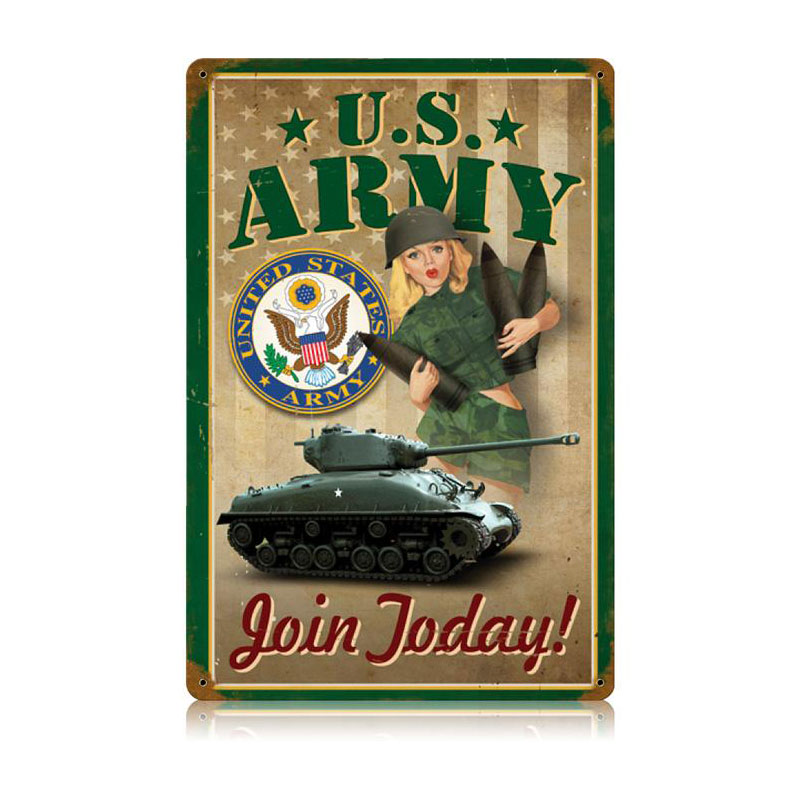 Army Pin Up Vintage Sign, Military, Metal Sign, Wall Art, 12 X 18 Inches