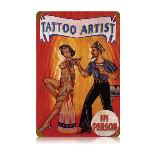 Tattoo Artist Vintage Sign, Pinup Girls, Metal Sign, Wall Art, 12 X 18 Inches