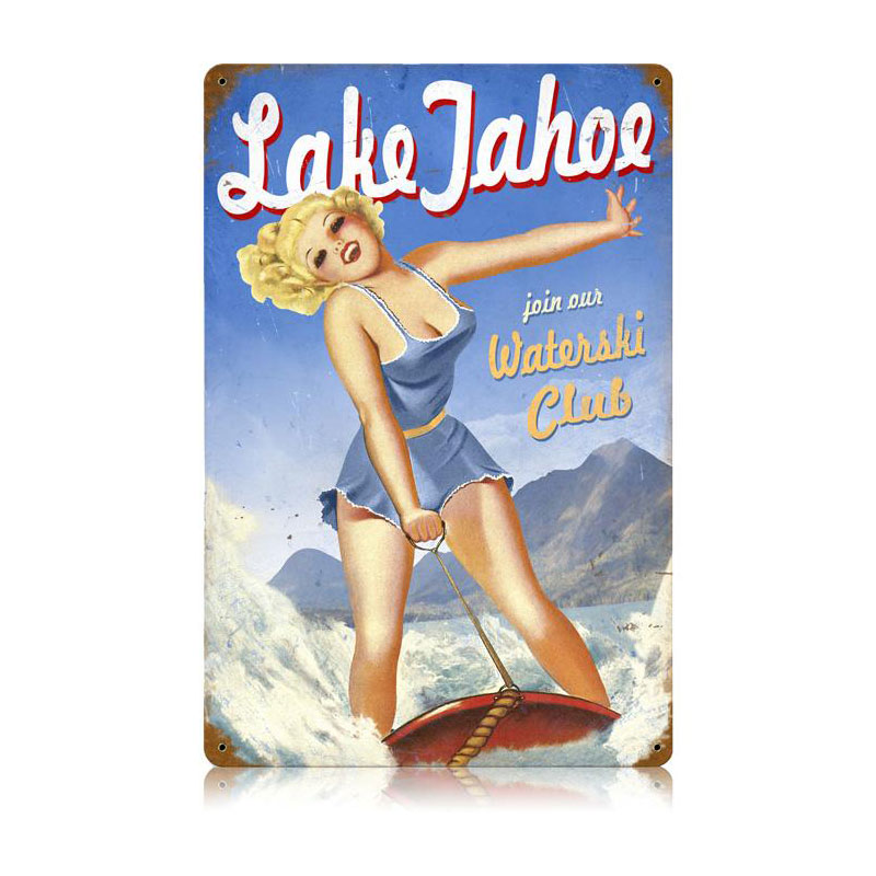 Lake Tahoe Pinup Vintage Sign, Travel, Metal Sign, Wall Art, 12 X 18 Inches