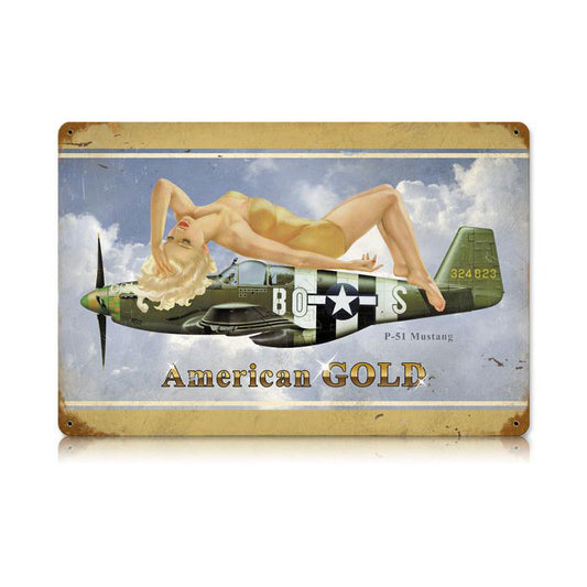 American Gold Vintage Sign, Aviation, Metal Sign, Wall Art, 12 X 18 Inches