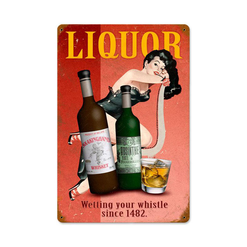Liquor Pin-Up Vintage Sign, Pinup Girls, Metal Sign, Wall Art, 12 X 18 Inches