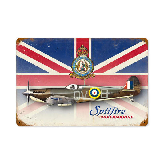 Spitfire Union Jack Vintage Sign, Aviation, Metal Sign, Wall Art, 18 X 12 Inches