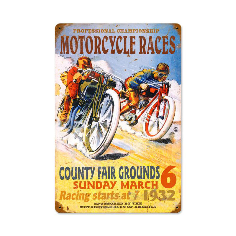 Motorcycle Races Vintage Sign, Motorcycle, Metal Sign, Wall Art, 12 X 18 Inches