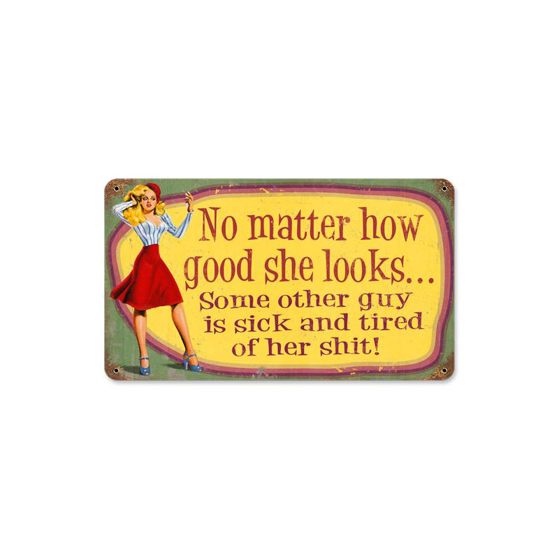 How Good She Looks Vintage Sign, Oil & Petro, Metal Sign, Wall Art, 8 X 14 Inches